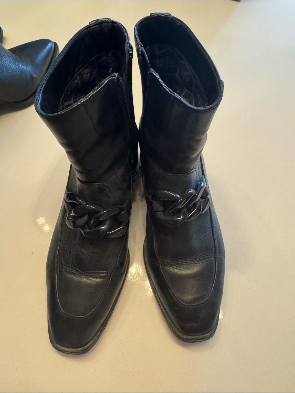 Aquatalia Black Leather Ankle Boots with Chain Detail